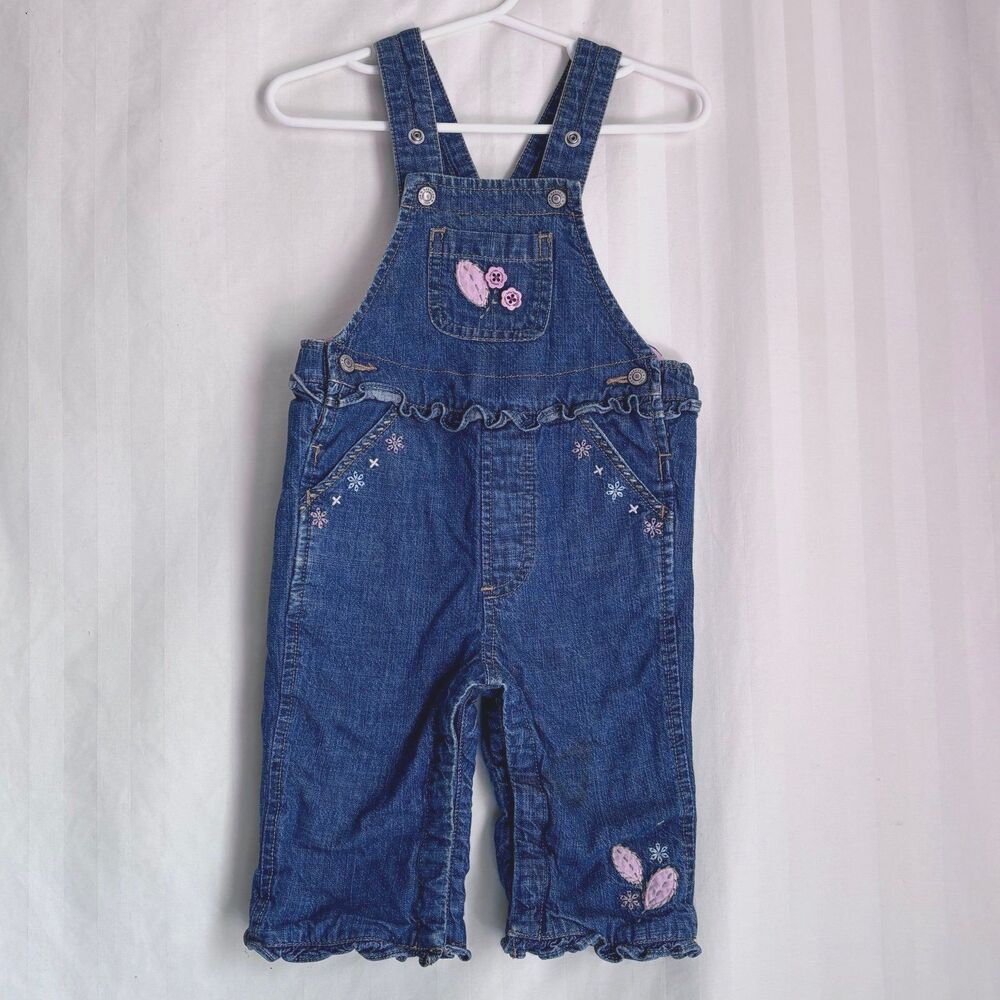 Vintage Y2K 2006 Gap Baby Girl Denim Overalls 6-12M | Ruffle Waist Pink Floral